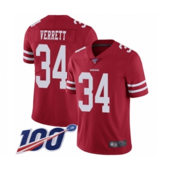 Men's San Francisco 49ers 34 Jason Verrett Red Team Color Vapor Untouchable Limited Player 100th Season Football Jersey