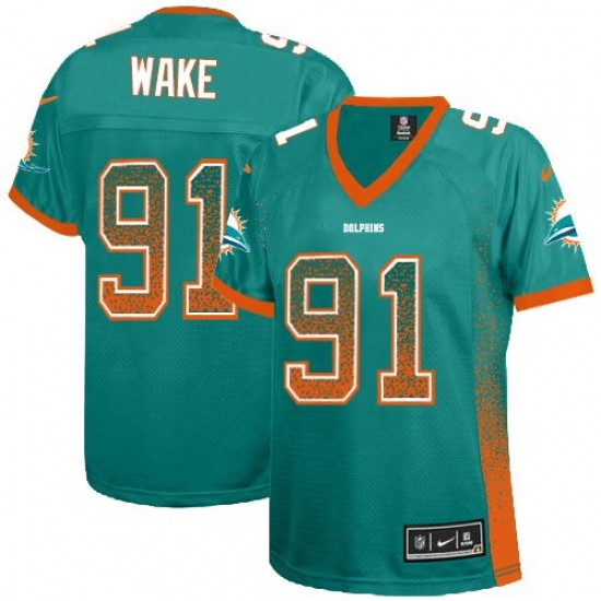 Women's Nike Miami Dolphins 91 Cameron Wake Elite Aqua Green Drift Fashion NFL Jersey