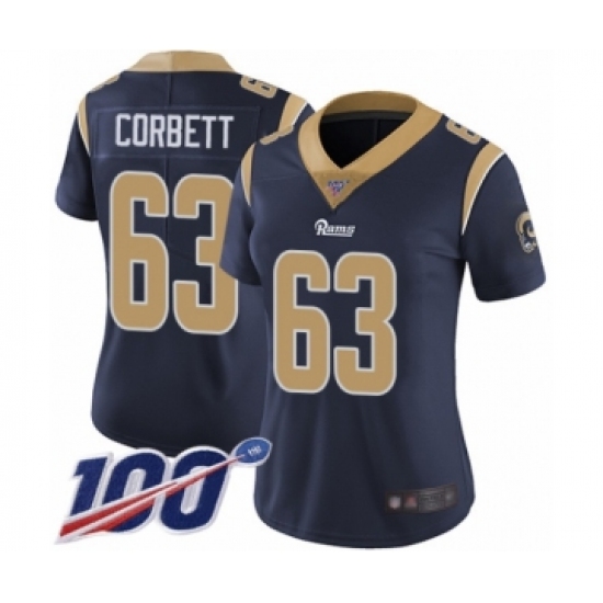 Women's Los Angeles Rams 63 Austin Corbett Navy Blue Team Color Vapor Untouchable Limited Player 100th Season Football Jersey