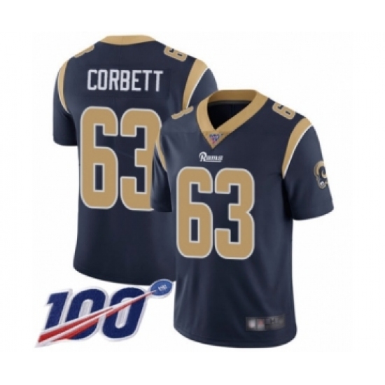 Youth Los Angeles Rams 63 Austin Corbett Navy Blue Team Color Vapor Untouchable Limited Player 100th Season Football Jersey