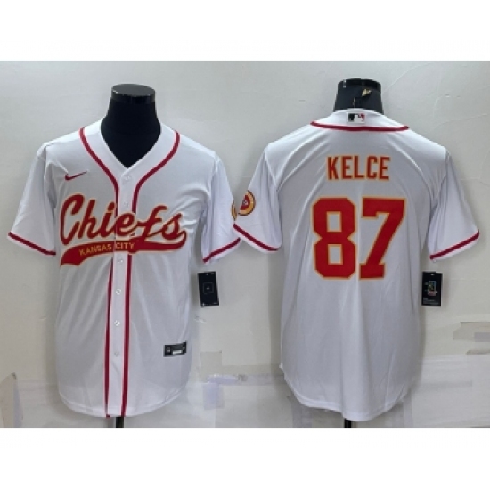 Men's Kansas City Chiefs 87 Travis Kelce White With Patch Cool Base Stitched Baseball Jersey