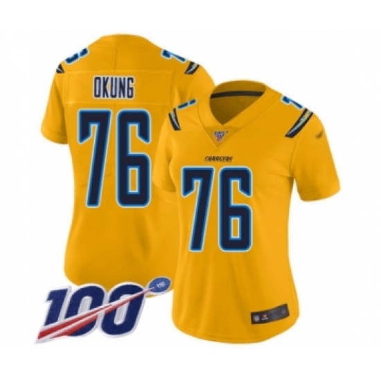 Women's Los Angeles Chargers 76 Russell Okung Limited Gold Inverted Legend 100th Season Football Jersey