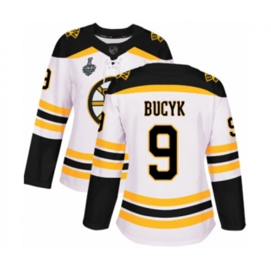 Women's Boston Bruins 9 Johnny Bucyk Authentic White Away 2019 Stanley Cup Final Bound Hockey Jersey