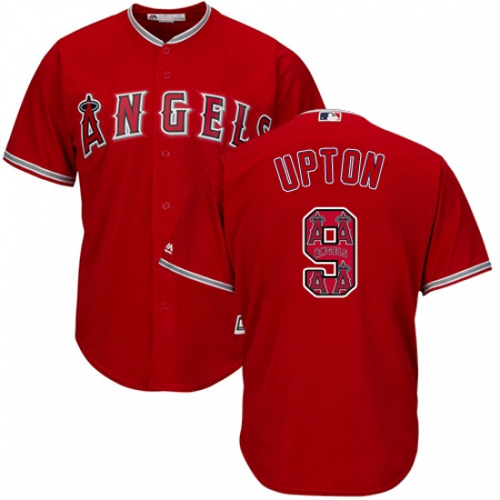 Men's Majestic Los Angeles Angels of Anaheim 9 Justin Upton Authentic Red Team Logo Fashion Cool Base MLB Jersey