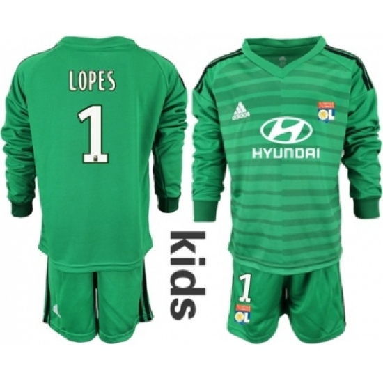 Lyon 1 Lopes Green Goalkeeper Long Sleeves Kid Soccer Club Jersey