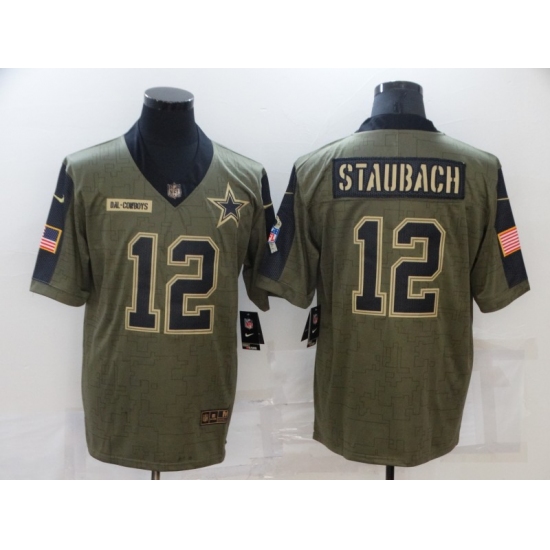 Men's Dallas Cowboys 12 Roger Staubach Olive Gold 2021 Salute To Service Limited Player Jersey