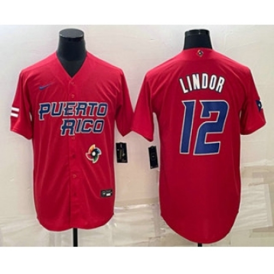 Men's Puerto Rico Baseball 12 Francisco Lindor 2023 Red World Baseball Classic Stitched Jersey