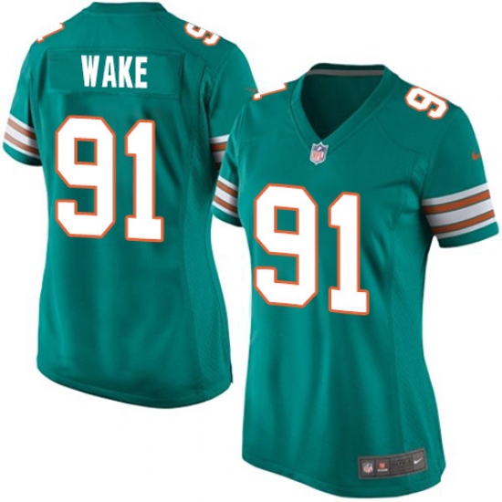 Women's Nike Miami Dolphins 91 Cameron Wake Game Aqua Green Alternate NFL Jersey