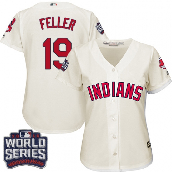 Women's Majestic Cleveland Indians 19 Bob Feller Authentic Cream Alternate 2 2016 World Series Bound Cool Base MLB Jersey