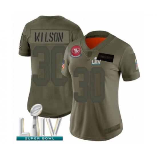 Women's San Francisco 49ers 30 Jeff Wilson Limited Olive 2019 Salute to Service Super Bowl LIV Bound Football Jersey