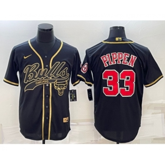 Men's Chicago Bulls 33 Scottie Pippen Black Gold With Patch Cool Base Stitched Baseball Jersey