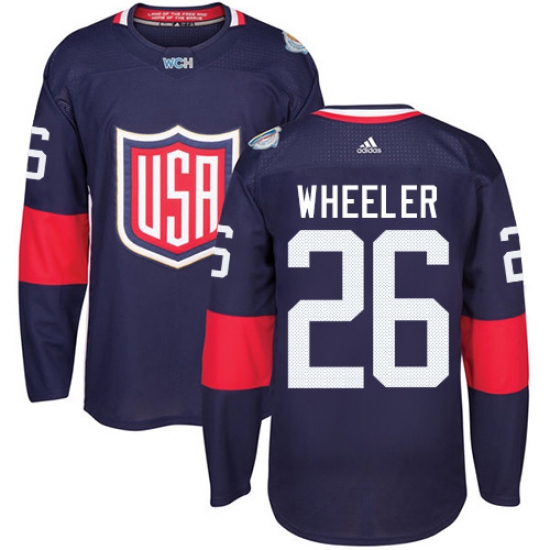 Men's Adidas Team USA 26 Blake Wheeler Premier Navy Blue Away 2016 World Cup Ice Hockey Jersey