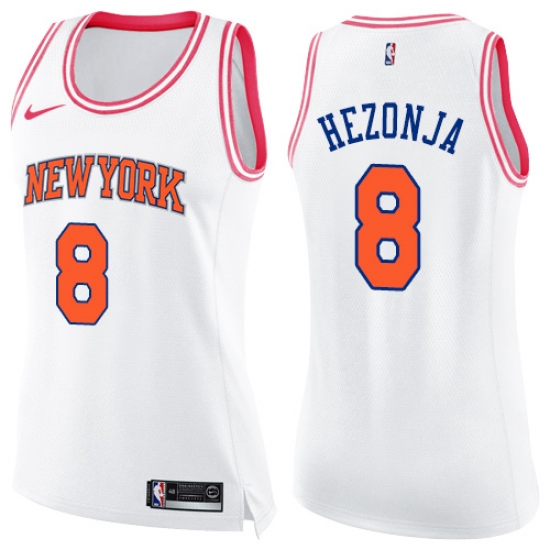 Women's Nike New York Knicks 8 Mario Hezonja Swingman White Pink Fashion NBA Jersey