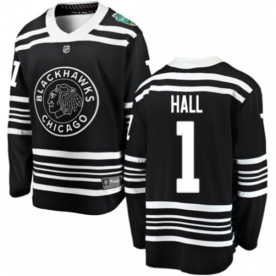 Youth Chicago Blackhawks 1 Glenn Hall Black 2019 Winter Classic Fanatics Branded Breakaway NHL Jersey