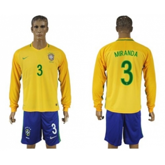 Brazil 3 Miranda Home Long Sleeves Soccer Country Jersey