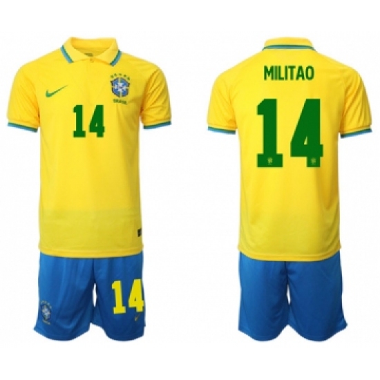 Men's Brazil 14 Militao Yellow Home Soccer Jersey Suit