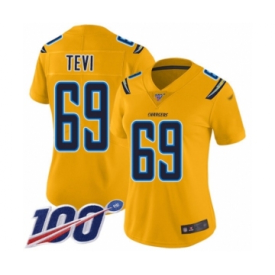 Women's Los Angeles Chargers 69 Sam Tevi Limited Gold Inverted Legend 100th Season Football Jersey
