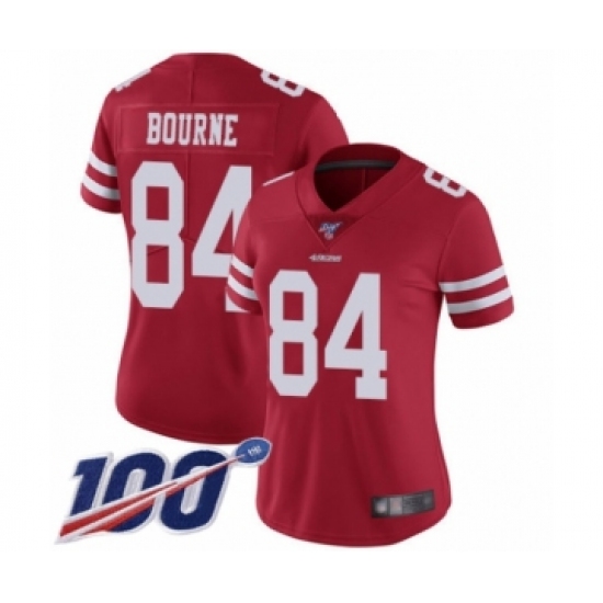 Women's San Francisco 49ers 84 Kendrick Bourne Red Team Color Vapor Untouchable Limited Player 100th Season Football Jersey