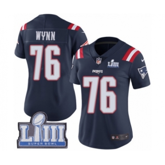 Women's Nike New England Patriots 76 Isaiah Wynn Limited Navy Blue Rush Vapor Untouchable Super Bowl LIII Bound NFL Jersey