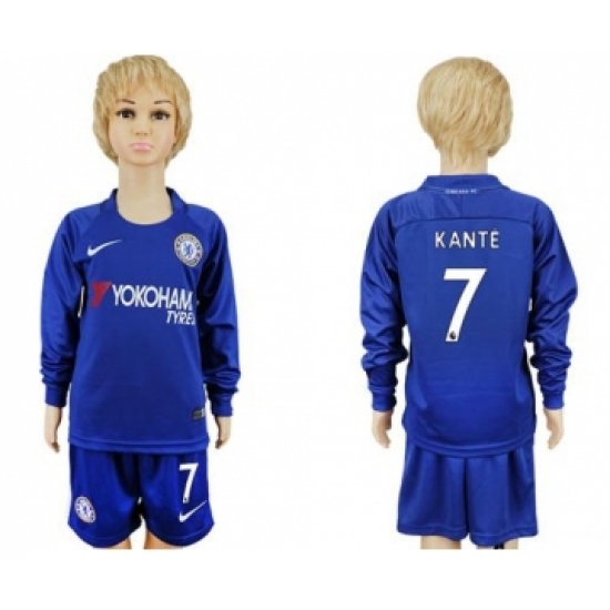 Chelsea 7 Kante Home Long Sleeves Kid Soccer Club Jersey