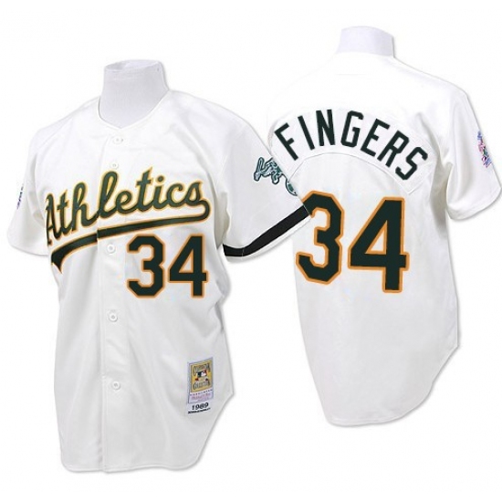 Men's Mitchell and Ness Oakland Athletics 34 Rollie Fingers Replica White Throwback MLB Jersey