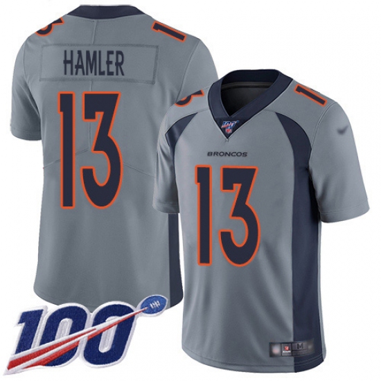 Men's Denver Broncos 13 KJ Hamler Gray Stitched Limited Inverted Legend 100th Season Jersey