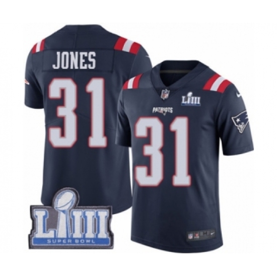 Youth Nike New England Patriots 31 Jonathan Jones Limited Navy Blue Rush Vapor Untouchable Super Bowl LIII Bound NFL Jersey
