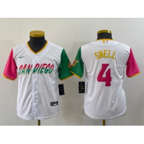 Youth San Diego Padres 4 Blake Snell White 2022 City Connect Cool Base Stitched Jersey