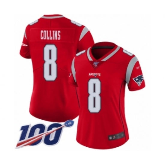 Women's New England Patriots 8 Jamie Collins Limited Red Inverted Legend 100th Season Football Jersey