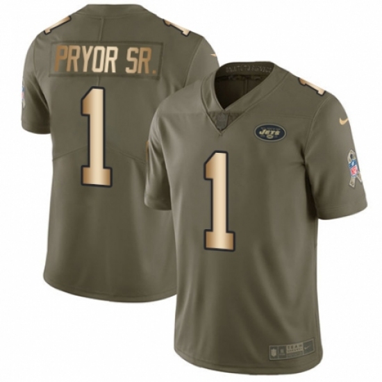 Youth Nike New York Jets 1 Terrelle Pryor Sr. Limited Olive/Gold 2017 Salute to Service NFL Jersey