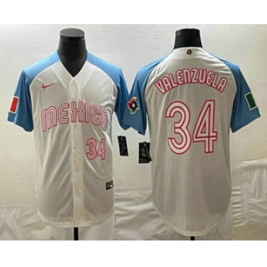 Men's Mexico Baseball 34 Fernando Valenzuela Number 2023 White Blue World Classic Stitched Jersey1