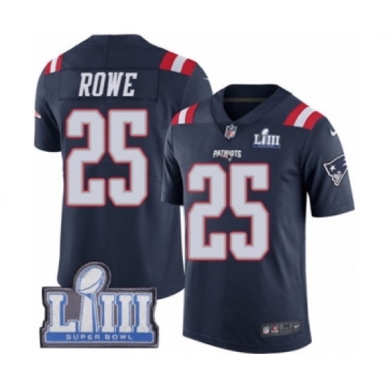 Men's Nike New England Patriots 25 Eric Rowe Limited Navy Blue Rush Vapor Untouchable Super Bowl LIII Bound NFL Jersey