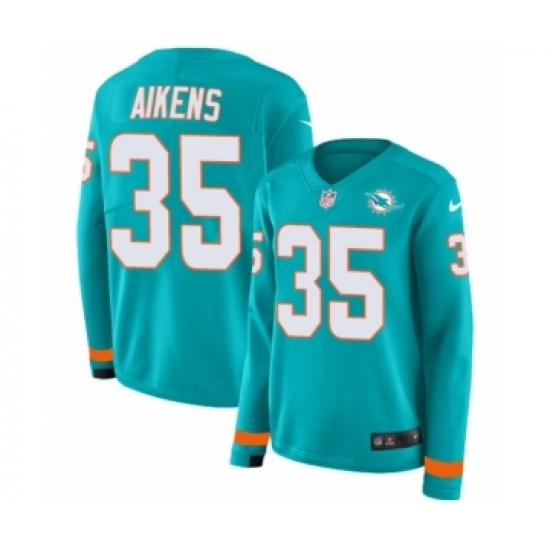 Women's Nike Miami Dolphins 35 Walt Aikens Limited Aqua Therma Long Sleeve NFL Jersey