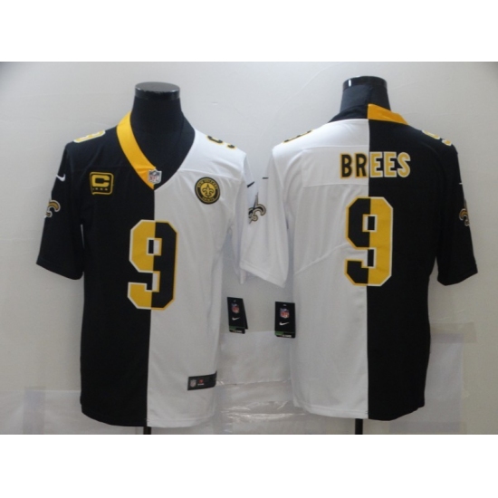 Men's New Orleans Saints 9 Drew Brees Black White C Limited Split Fashion Football Jersey