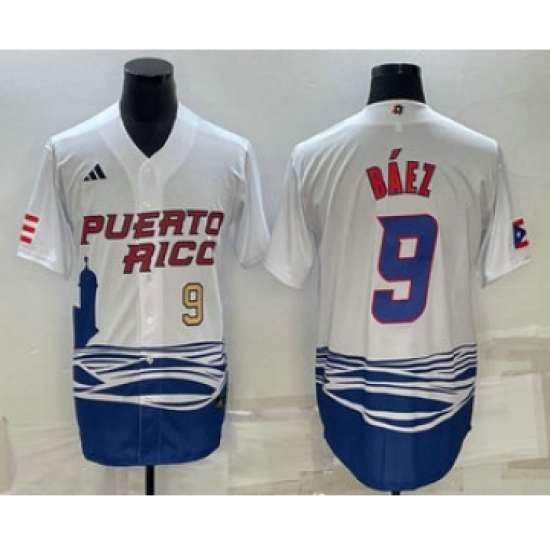 Men's Puerto Rico Baseball 9 Javier Baez Number White 2023 World Baseball Classic Stitched Jerseys
