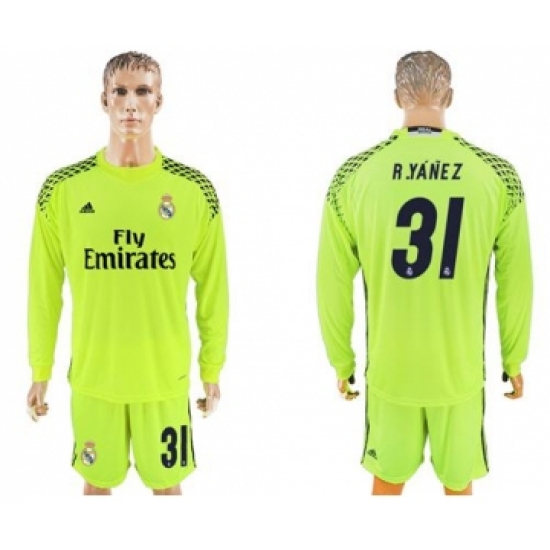Real Madrid 31 R.Yanez Shiny Green Goalkeeper Long Sleeves Soccer Club Jersey