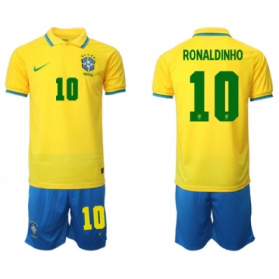 Men's Brazil 10 Ronaldinho Yellow Home Soccer Jersey Suit