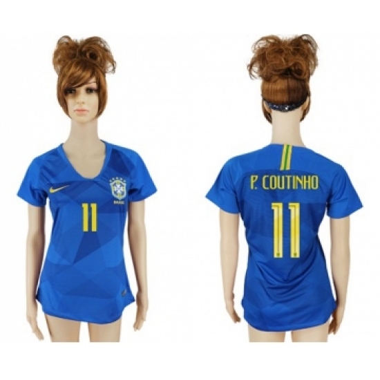 Women's Brazil 11 P.Coutinho Away Soccer Country Jersey