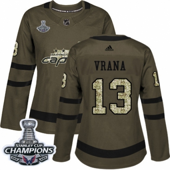 Women's Adidas Washington Capitals 13 Jakub Vrana Authentic Green Salute to Service 2018 Stanley Cup Final Champions NHL Jersey