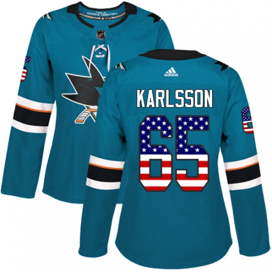 Women's Adidas San Jose Sharks 65 Erik Karlsson Authentic Teal Green USA Flag Fashion NHL Jersey
