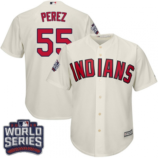 Youth Majestic Cleveland Indians 55 Roberto Perez Authentic Cream Alternate 2 2016 World Series Bound Cool Base MLB Jersey