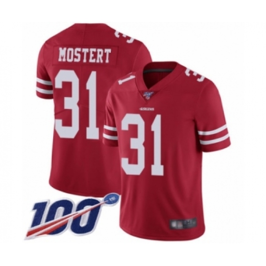 Men's San Francisco 49ers 31 Raheem Mostert Red Team Color Vapor Untouchable Limited Player 100th Season Football Jersey