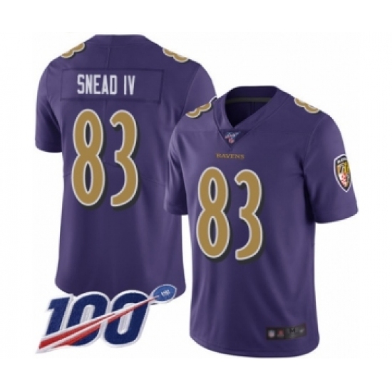 Men's Baltimore Ravens 83 Willie Snead IV Limited Purple Rush Vapor Untouchable 100th Season Football Jersey