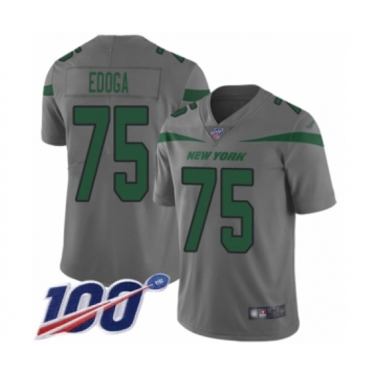 Men's New York Jets 75 Chuma Edoga Limited Gray Inverted Legend 100th Season Football Jersey