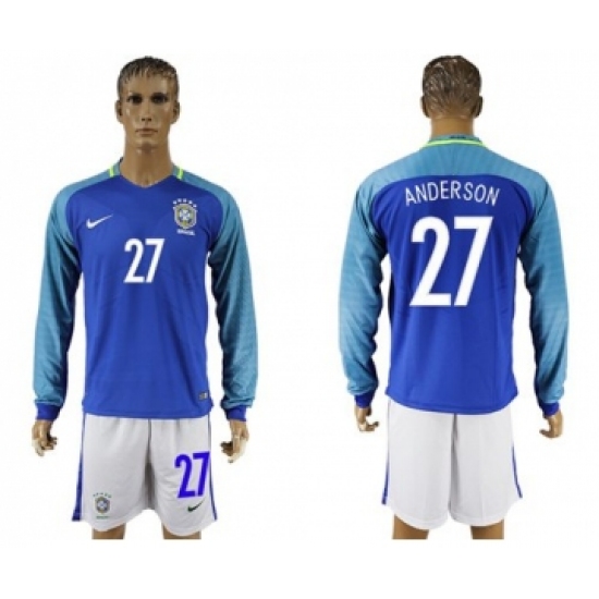 Brazil 27 Anderson Away Long Sleeves Soccer Country Jersey