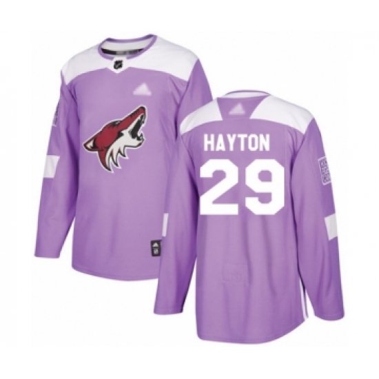 Men's Arizona Coyotes 29 Barrett Hayton Authentic Purple Fights Cancer Practice Hockey Jersey