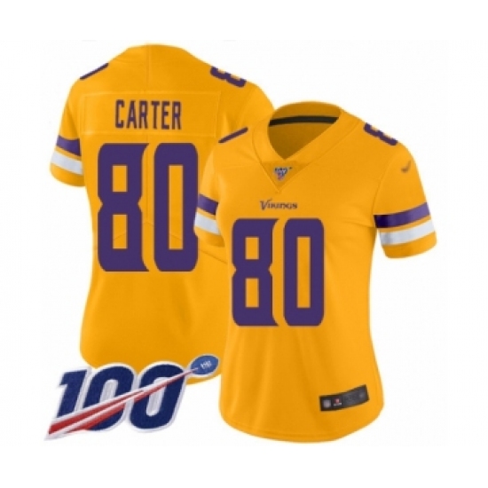 Women's Minnesota Vikings 80 Cris Carter Limited Gold Inverted Legend 100th Season Football Jersey