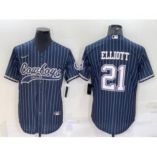 Men's Dallas Cowboys 21 Ezekiel Elliott Navy Blue Pinstripe With Patch Cool Base Stitched Baseball Jersey