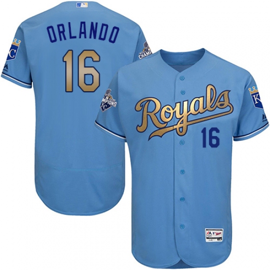 Men's Majestic Kansas City Royals 16 Paulo Orlando Authentic Light Blue 2015 World Series Champions Gold Program FlexBase MLB Jersey