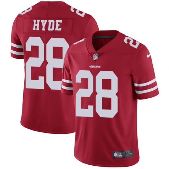 Men's Nike San Francisco 49ers 28 Carlos Hyde Red Team Color Vapor Untouchable Limited Player NFL Jersey